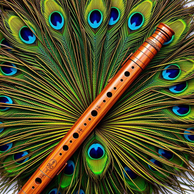 An artistic flat lay composition featuring a traditional wooden flute centered against a stunning background of shimmering peacock feathers