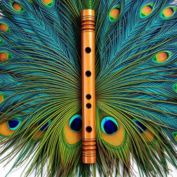 An artistic flat lay composition featuring a traditional wooden flute centered against a stunning background of shimmering peacock feathers