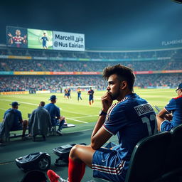 A poignant scene depicting Marcelo in despondent spirits after suffering an injury, sitting on the bench in his Fluminense kit, looking at the pitch with a pained expression
