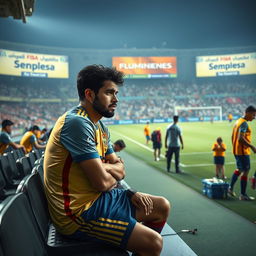 A poignant scene depicting Marcelo in despondent spirits after suffering an injury, sitting on the bench in his Fluminense kit, looking at the pitch with a pained expression