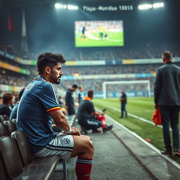 A poignant scene depicting Marcelo in despondent spirits after suffering an injury, sitting on the bench in his Fluminense kit, looking at the pitch with a pained expression