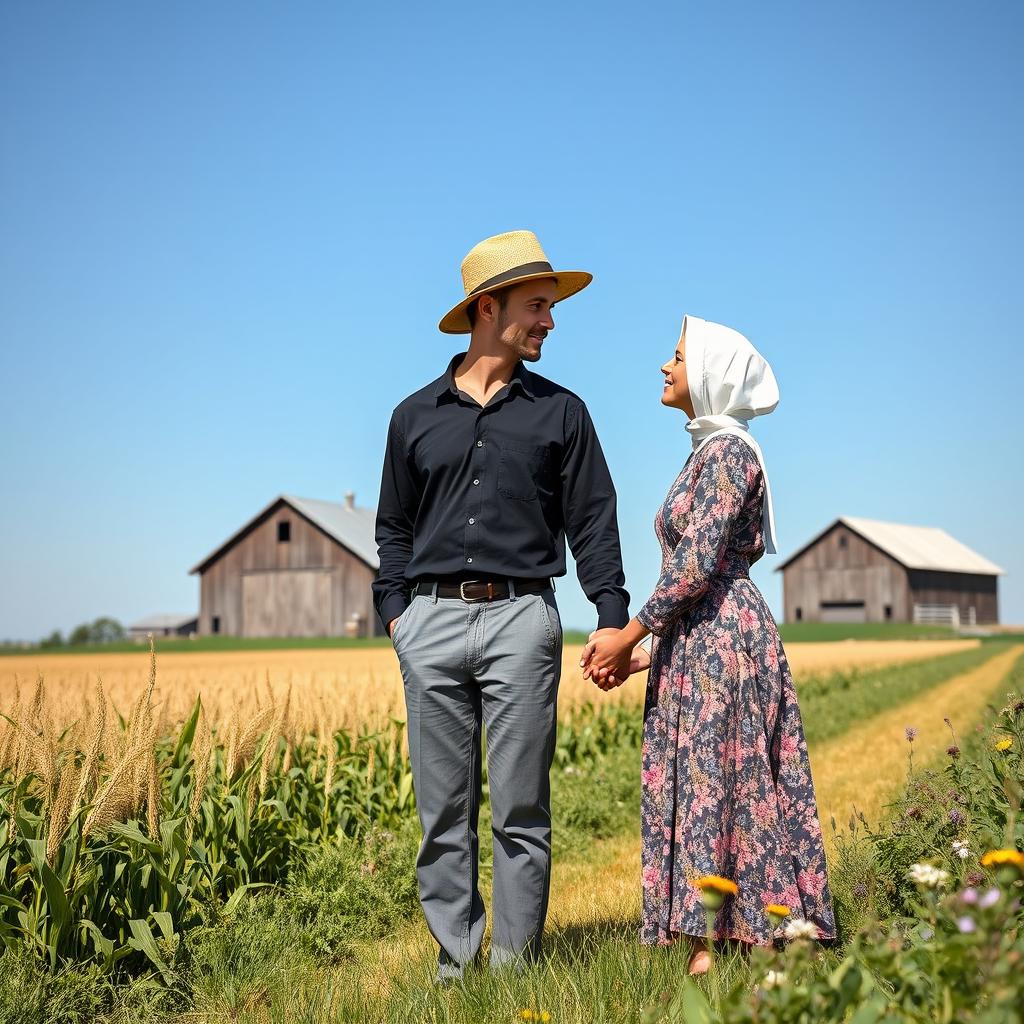 An Amish couple standing hand in hand in a picturesque rural backdrop