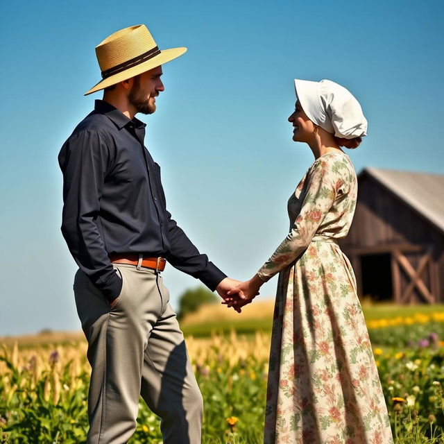 An Amish couple standing hand in hand in a picturesque rural backdrop