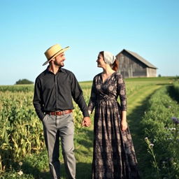 An Amish couple standing hand in hand in a picturesque rural backdrop