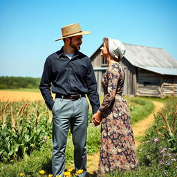 An Amish couple standing hand in hand in a picturesque rural backdrop