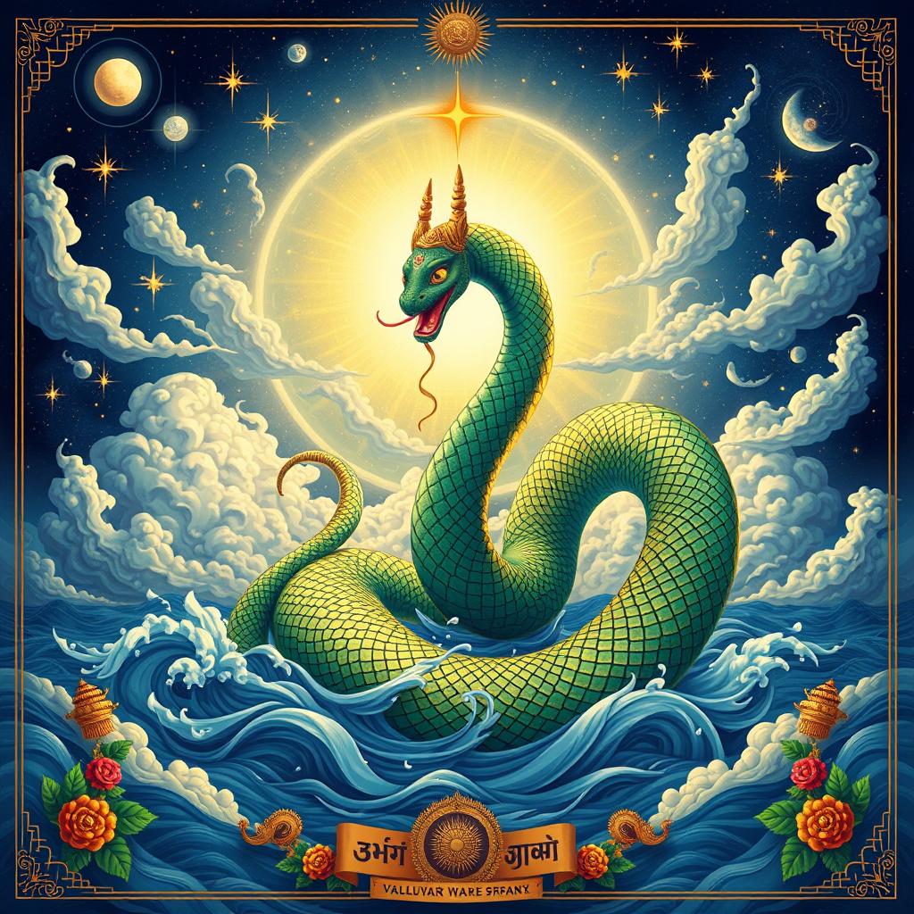 A detailed and vibrant illustration of 'Valluvar Vasuki', depicting the mythical serpent Vasuki, known from Indian mythology