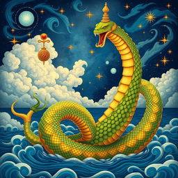 A detailed and vibrant illustration of 'Valluvar Vasuki', depicting the mythical serpent Vasuki, known from Indian mythology