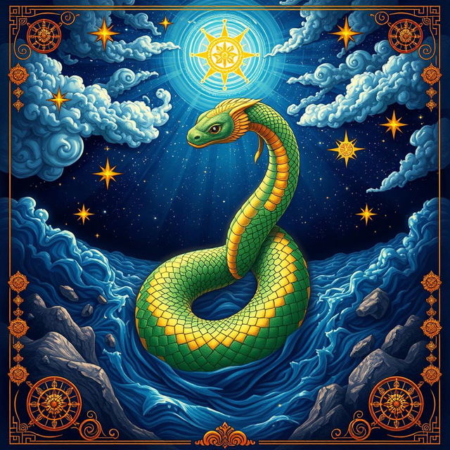 A detailed and vibrant illustration of 'Valluvar Vasuki', depicting the mythical serpent Vasuki, known from Indian mythology