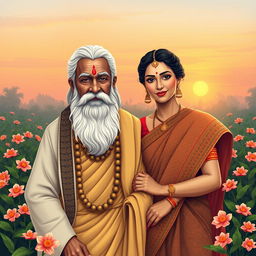 A beautiful and heartfelt illustration of Valluvar, the revered Tamil philosopher, alongside his wife, Vasuki