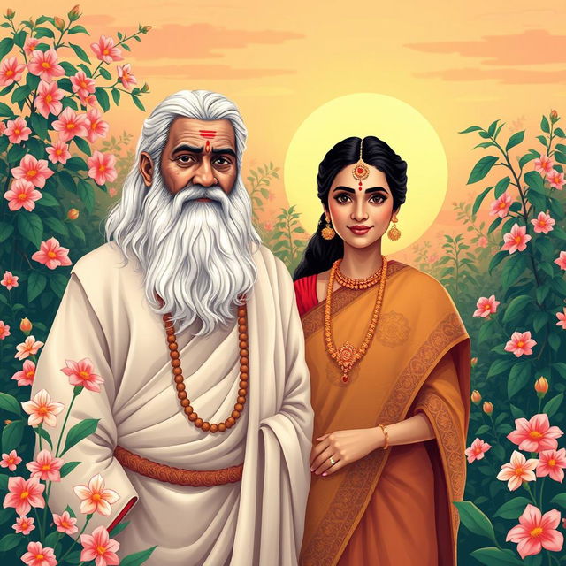 A beautiful and heartfelt illustration of Valluvar, the revered Tamil philosopher, alongside his wife, Vasuki