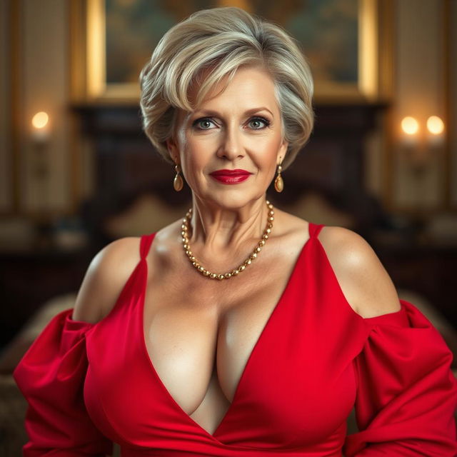 A gorgeous 60-year-old woman dressed in a striking red outfit that emphasizes her décolletage and showcases her disproportionately large breasts