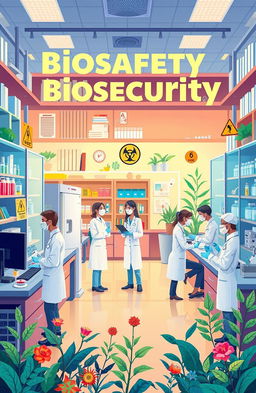 A vibrant and informative illustration depicting the concepts of biosafety and biosecurity in a laboratory setting