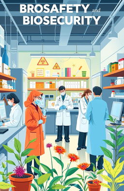 A vibrant and informative illustration depicting the concepts of biosafety and biosecurity in a laboratory setting