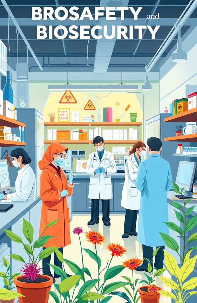 A vibrant and informative illustration depicting the concepts of biosafety and biosecurity in a laboratory setting