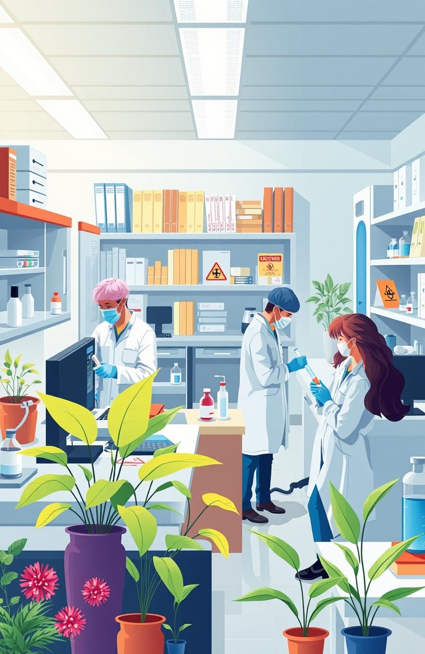 A vibrant and informative illustration depicting the concepts of biosafety and biosecurity in a laboratory setting