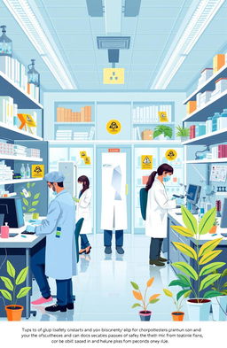A vibrant and informative illustration depicting the concepts of biosafety and biosecurity in a laboratory setting