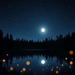 A serene nighttime scene, featuring a calm lake reflecting the starry sky above
