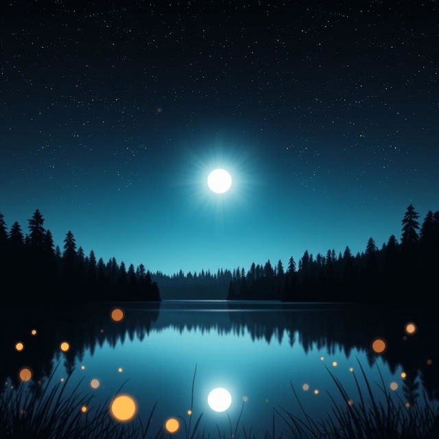 A serene nighttime scene, featuring a calm lake reflecting the starry sky above