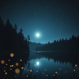 A serene nighttime scene, featuring a calm lake reflecting the starry sky above