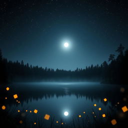 A serene nighttime scene, featuring a calm lake reflecting the starry sky above