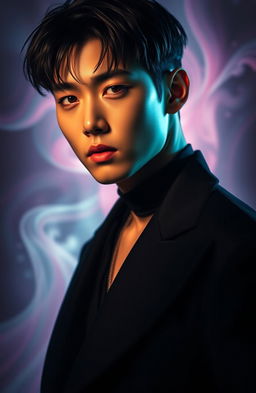A striking portrait of Jeon Jungkook, embodying an air of mystery and allure