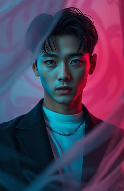 A striking portrait of Jeon Jungkook, embodying an air of mystery and allure