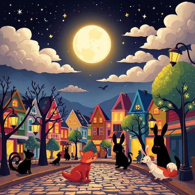 A whimsical night scene depicted in vibrant cartoon style, featuring a glowing full moon in a starry sky, surrounded by fluffy clouds