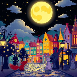 A whimsical night scene depicted in vibrant cartoon style, featuring a glowing full moon in a starry sky, surrounded by fluffy clouds