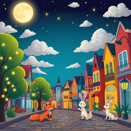 A whimsical night scene depicted in vibrant cartoon style, featuring a glowing full moon in a starry sky, surrounded by fluffy clouds