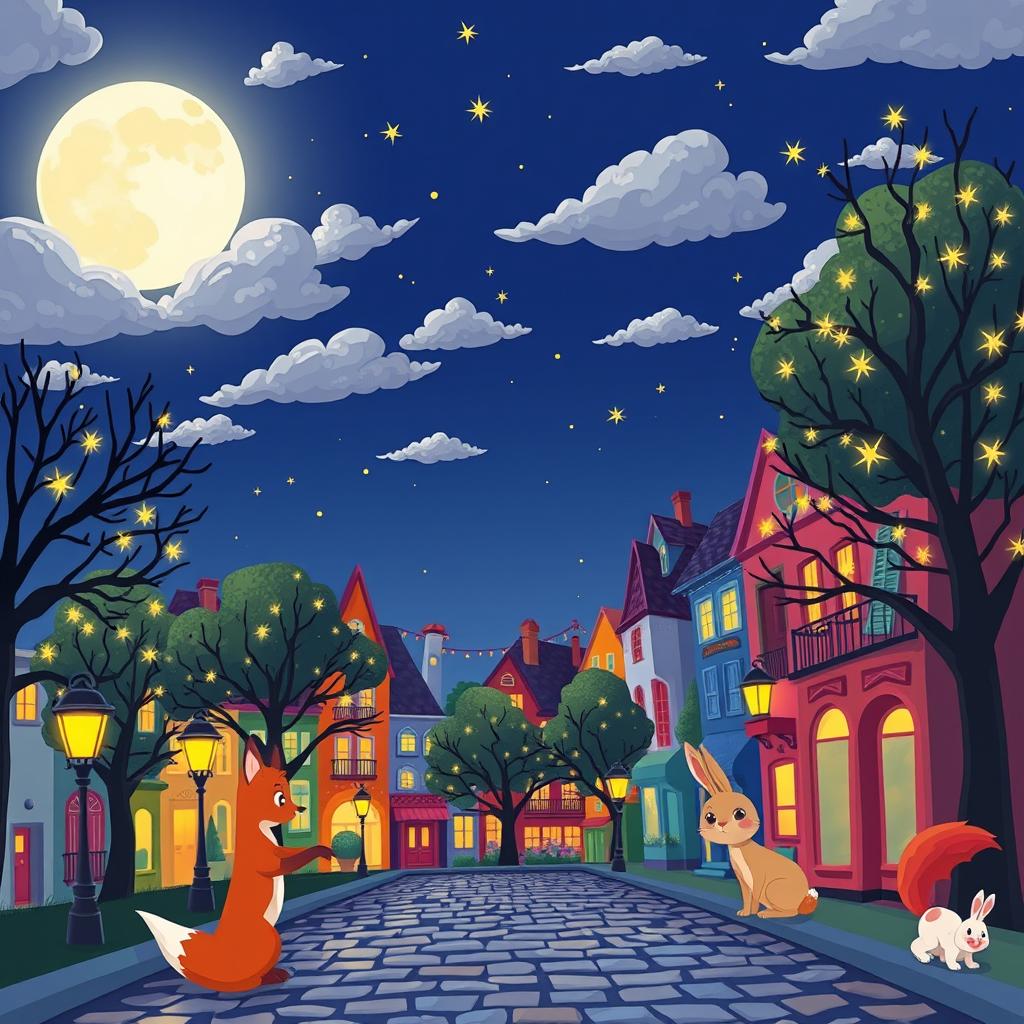 A whimsical night scene depicted in vibrant cartoon style, featuring a glowing full moon in a starry sky, surrounded by fluffy clouds