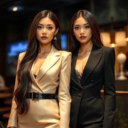 Two stunningly beautiful 25-year-old Singaporean twins, both with elegant attire that showcases their sophisticated style