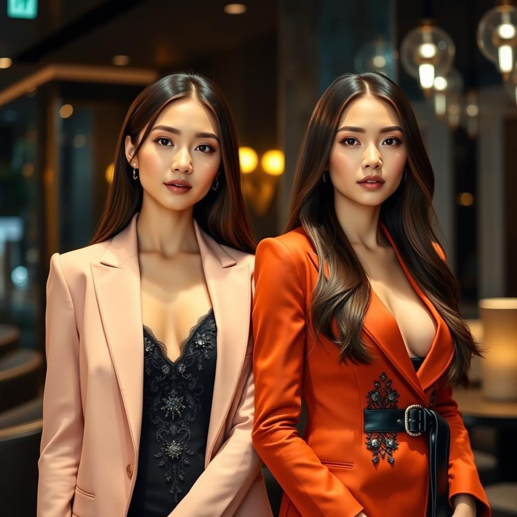 Two stunningly beautiful 25-year-old Singaporean twins, both with elegant attire that showcases their sophisticated style