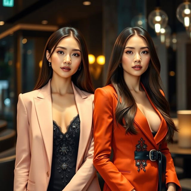 Two stunningly beautiful 25-year-old Singaporean twins, both with elegant attire that showcases their sophisticated style