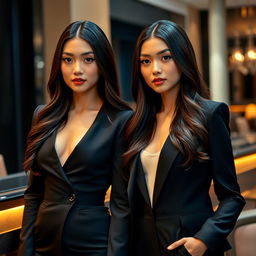 Two stunningly beautiful 25-year-old Singaporean twins, both with elegant attire that showcases their sophisticated style