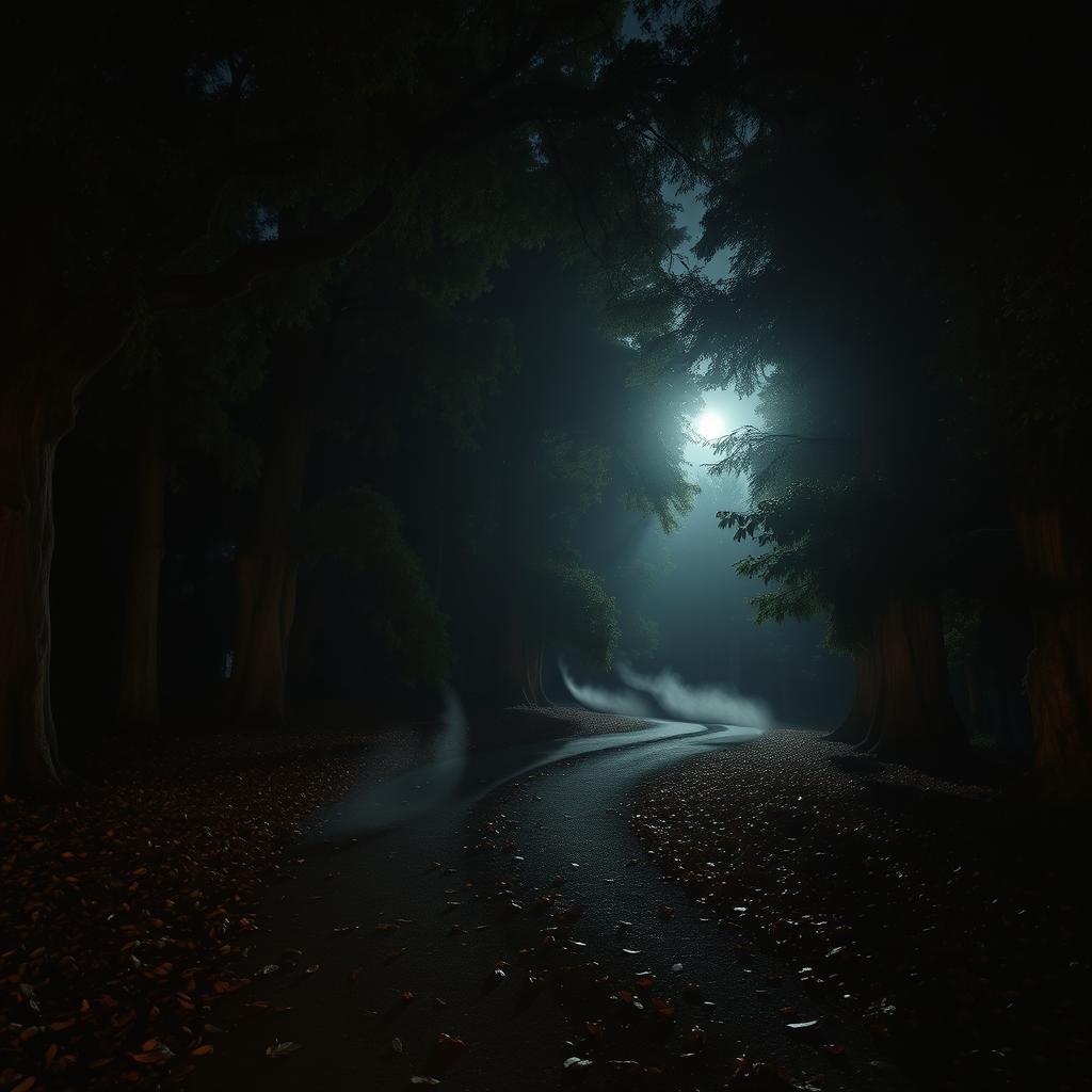 A serene forest scene illuminated by the soft, dim light of a full moon