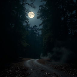 A serene forest scene illuminated by the soft, dim light of a full moon