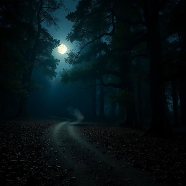 A serene forest scene illuminated by the soft, dim light of a full moon