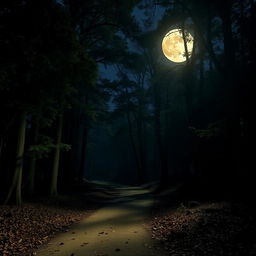 A serene forest scene illuminated by the soft, dim light of a full moon