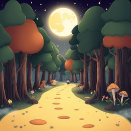 A whimsical cartoon forest scene depicting a deserted path illuminated by the soft, dim light of the moon