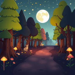 A whimsical cartoon forest scene depicting a deserted path illuminated by the soft, dim light of the moon