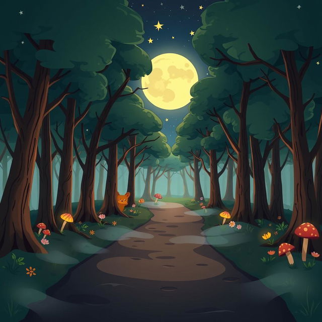 A whimsical cartoon forest scene depicting a deserted path illuminated by the soft, dim light of the moon