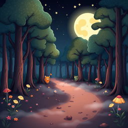 A whimsical cartoon forest scene depicting a deserted path illuminated by the soft, dim light of the moon