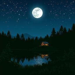 A serene night scene depicting a tranquil landscape with a moonlit sky, sparkling stars, and a calm lake reflecting the shimmering lights