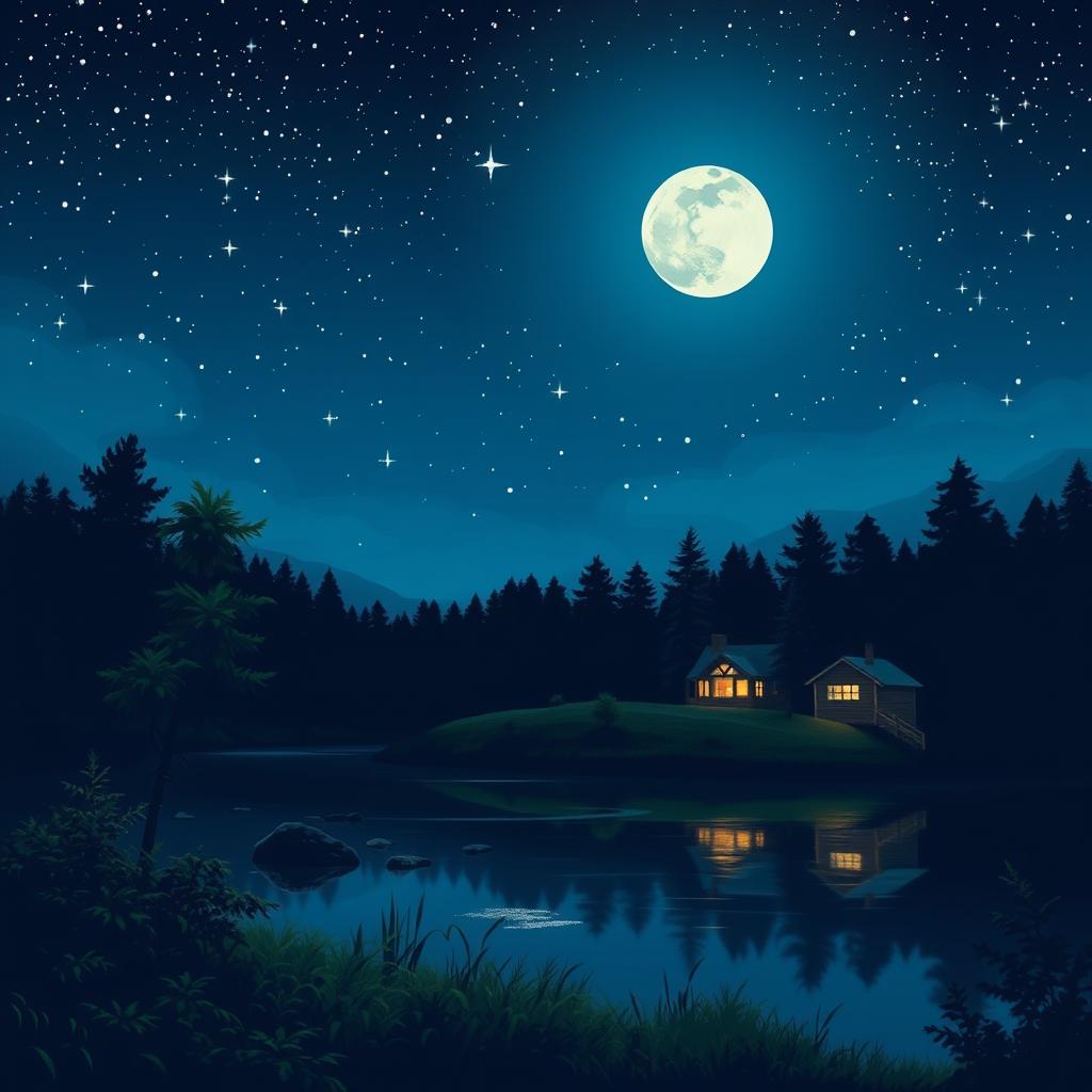 A serene night scene depicting a tranquil landscape with a moonlit sky, sparkling stars, and a calm lake reflecting the shimmering lights