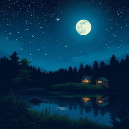 A serene night scene depicting a tranquil landscape with a moonlit sky, sparkling stars, and a calm lake reflecting the shimmering lights