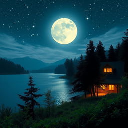 A serene night scene depicting a tranquil landscape with a moonlit sky, sparkling stars, and a calm lake reflecting the shimmering lights