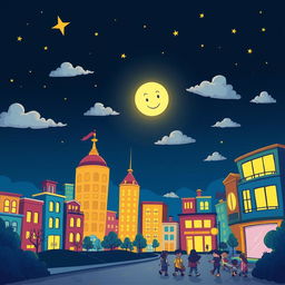 A whimsical night scene in a vibrant cartoon style featuring a brightly lit city skyline under a starry sky