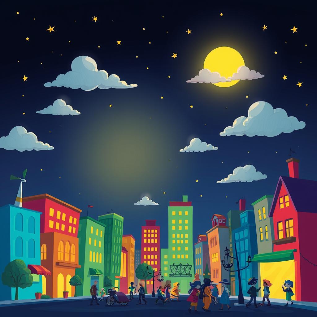 A whimsical night scene in a vibrant cartoon style featuring a brightly lit city skyline under a starry sky