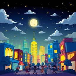 A whimsical night scene in a vibrant cartoon style featuring a brightly lit city skyline under a starry sky