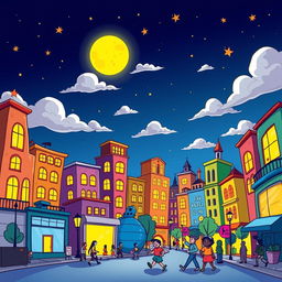 A whimsical night scene in a vibrant cartoon style featuring a brightly lit city skyline under a starry sky